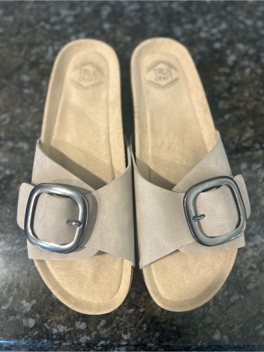 True Craft Taupe Slide Sandals with Buckle Accent